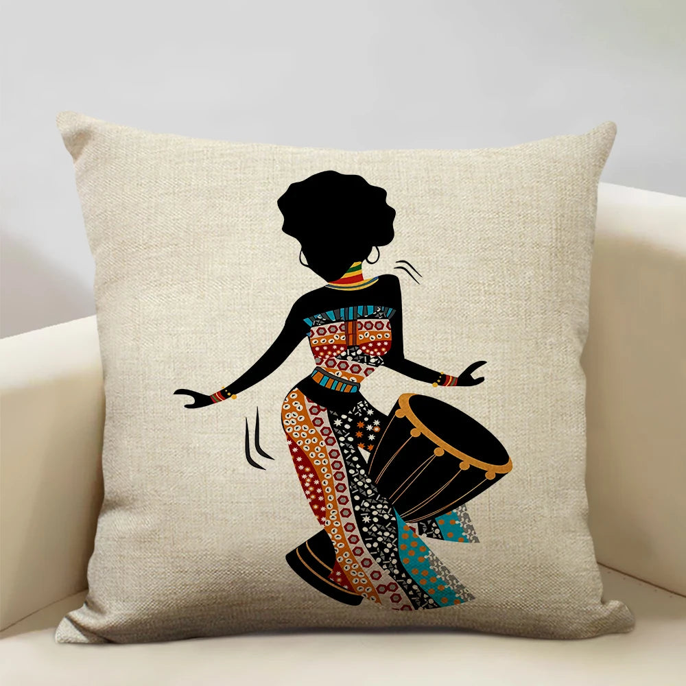 African Oil Painting Cushion Cover – Dancing Girl Art - Glow by Hellen African and Boho Jewelry African Home Decor Cultural Accessories